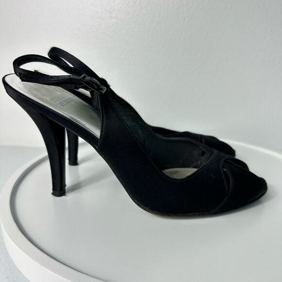 Stuart Weitzman Heels Slingback Satin Open Toe Pumps Stiletto Shoes Black 9 - Picture 2 of 13